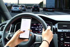 A woman texting on her smartphone while driving a car. 