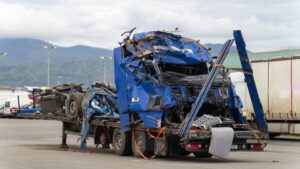 A blue truck cab with dents and a semi-trailer sits on a tow platform in a parking lot following a severe accident.